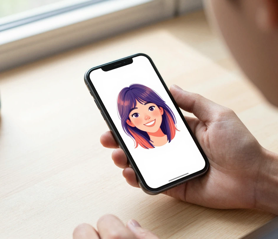 Hands holding a smartphone showing a stylized self-portrait over a bright natural-light desk as a soft particle cloud gathers