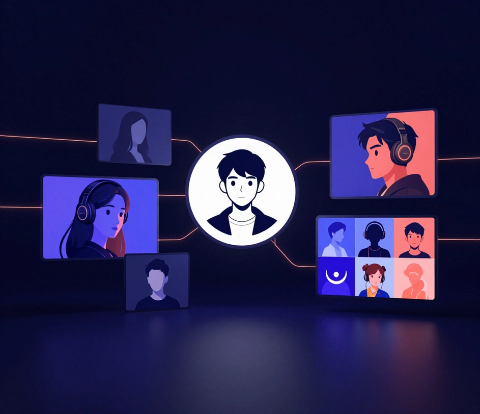 A dark-studio product gallery of avatar creation modules linked by glowing indigo light lines with a warm coral accent