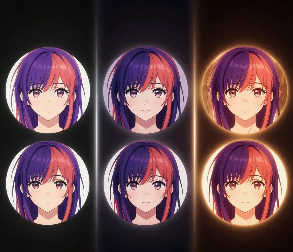 Variations of the same stylized anime avatar displayed in glowing circular frames against a dark exhibition backdrop, suggesting ascending quality tiers