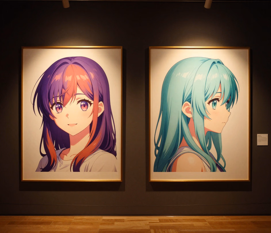 A matching pair of museum-grade anime portraits in warm golden gallery light, showing the Master tier's character consistency and 4K detail