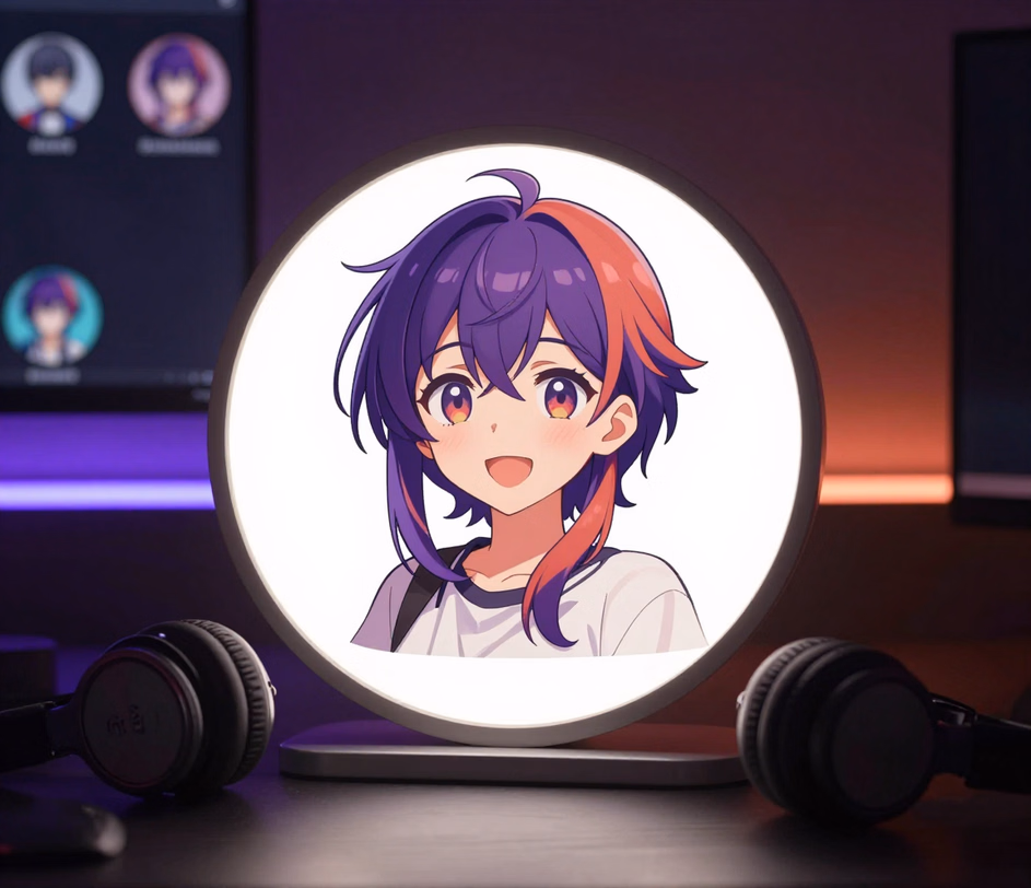 A single stylized anime avatar glowing in a circular frame on a casual night desk, the quick Standard-tier result ready for friend lists