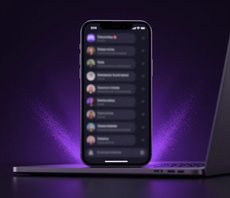 A vertical smartphone rising from a purple particle glow above a sleek laptop, its screen showing a finished Discord-style dark-mode chat screenshot with round avatars and blurred message bubbles