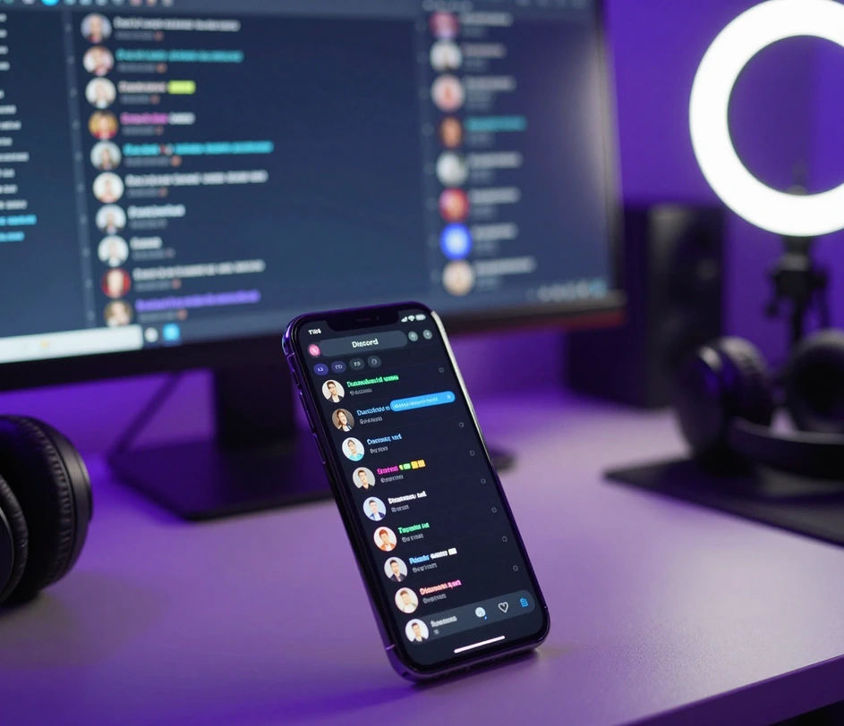 Cinematic night-desk scene of a short-video creator's workspace, a smartphone in the foreground showing a Discord-style dark chat interface with round avatars and softly blurred message bubbles, purple-blue ambient lighting, and a monitor behind echoing the same vertical chat layout