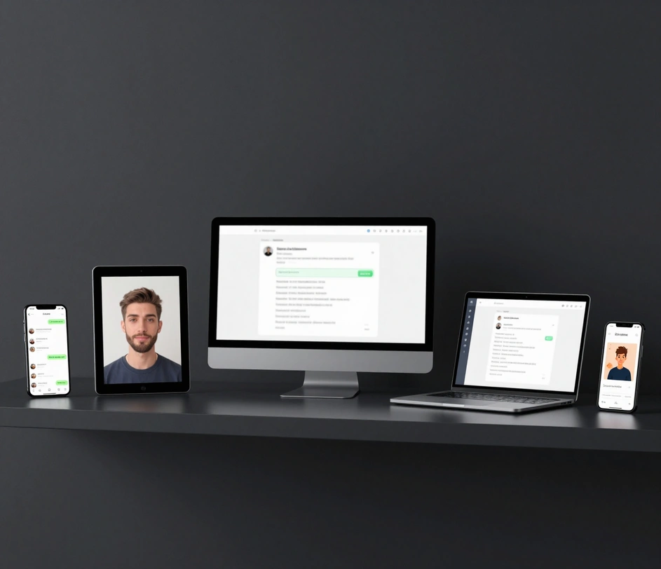 A wide dark-shelf gallery of five devices showing a chat screenshot, an avatar portrait, a text-message interface, an email signature layout, and a character illustration, all softly blurred under moody studio lighting
