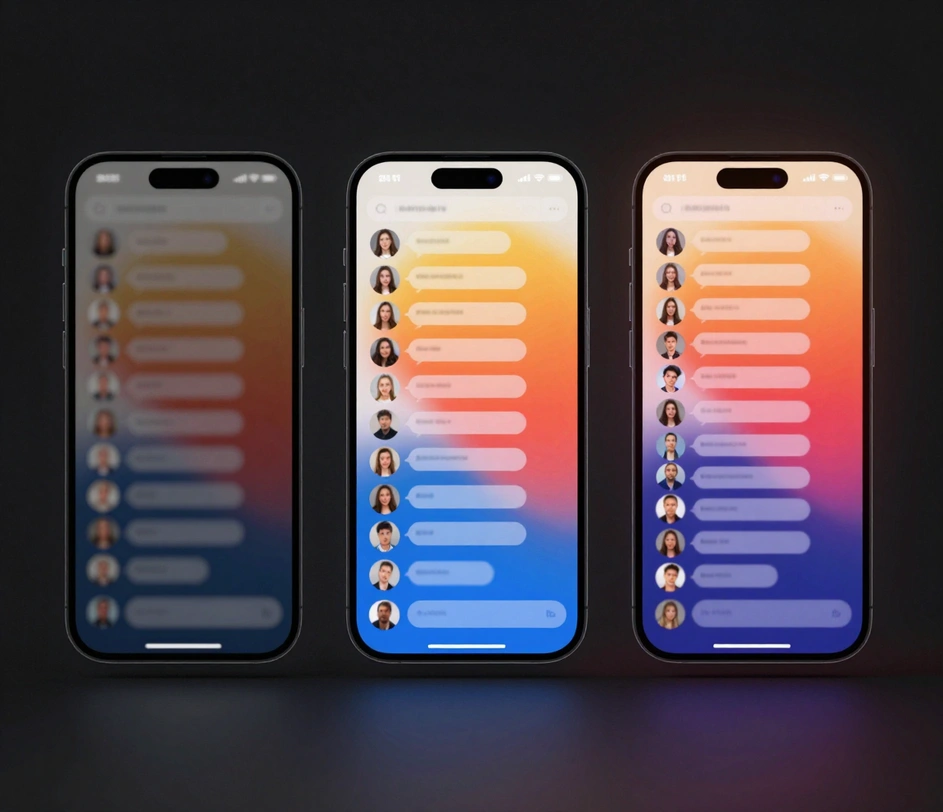Three vertical smartphones in an equal row showing the same abstract Discord-style chat list with round avatars, rendered with visibly ascending quality — left dim and soft, center bright and crisp, right razor-sharp with a radiant halo