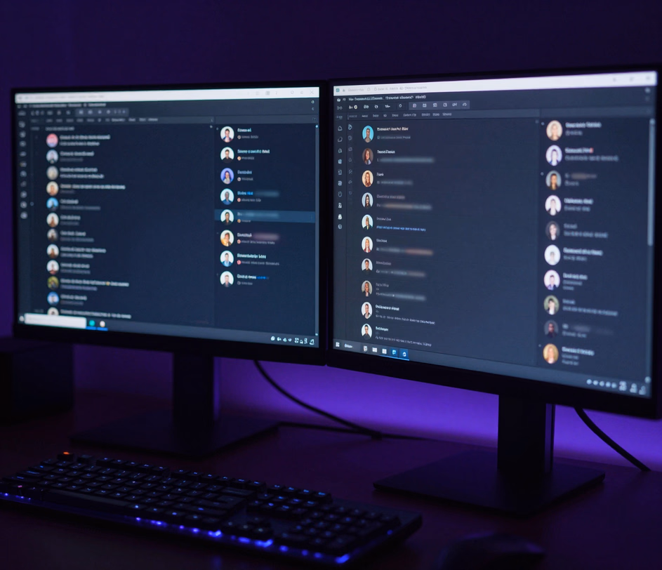 A dual-monitor night workstation with both screens showing a dense Discord-style dark-mode message thread with sharp interface edges — Master tier's 4K output for dense conversations