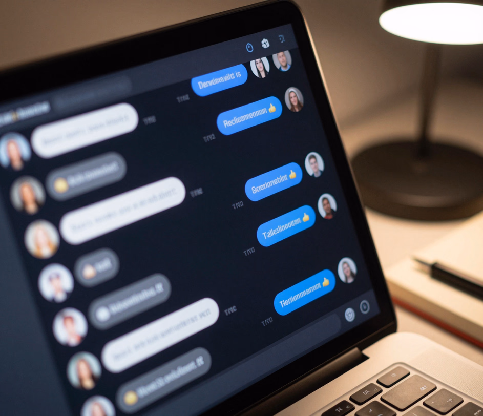 A close-up laptop screen showing a Discord-style dark chat conversation with crisp round avatars and clearly separated message bubbles — Pro tier's character-for-character text fidelity in 2K