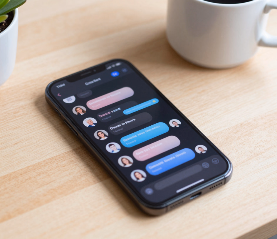 A smartphone on a light wooden desk showing a Discord-style dark-mode chat interface with channel header, round avatars, and softly blurred message bubbles — the Standard tier's clean 2K-locked layout