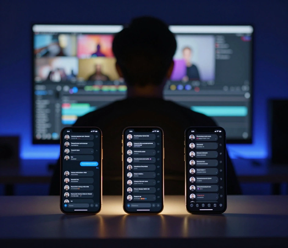 Seen from behind, a video creator's dark silhouette faces a glowing timeline monitor while three upright smartphones on the desk show dark Discord-style chat interfaces, lit by warm highlights and deep purple-blue ambience