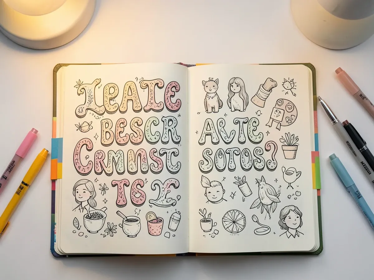 Rozkładówka bullet journal ozdobiona wygenerowanym przez AI liternictwem bazgrołkowym i małymi dekoracyjnymi szkicami w stylu tuszowym w rozdzielczości 1536 px