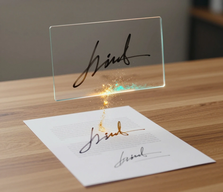 Um documento de papel com uma assinatura manuscrita a tinta se transformando em um cartão de assinatura limpo com fundo transparente e formas de traço preservadas, conectados por um fluxo ascendente de partículas douradas
