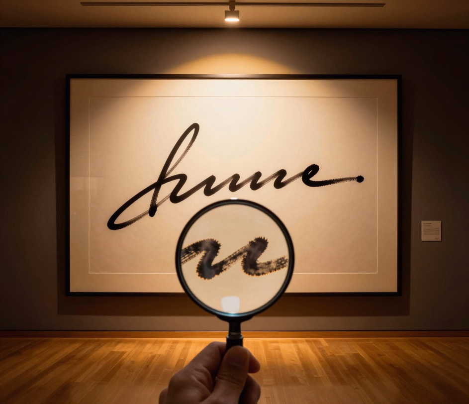 Um cartão de assinatura em nível de museu sob um holofote de galeria com uma lupa ampliando a curva de tinta mais fechada em detalhe contínuo