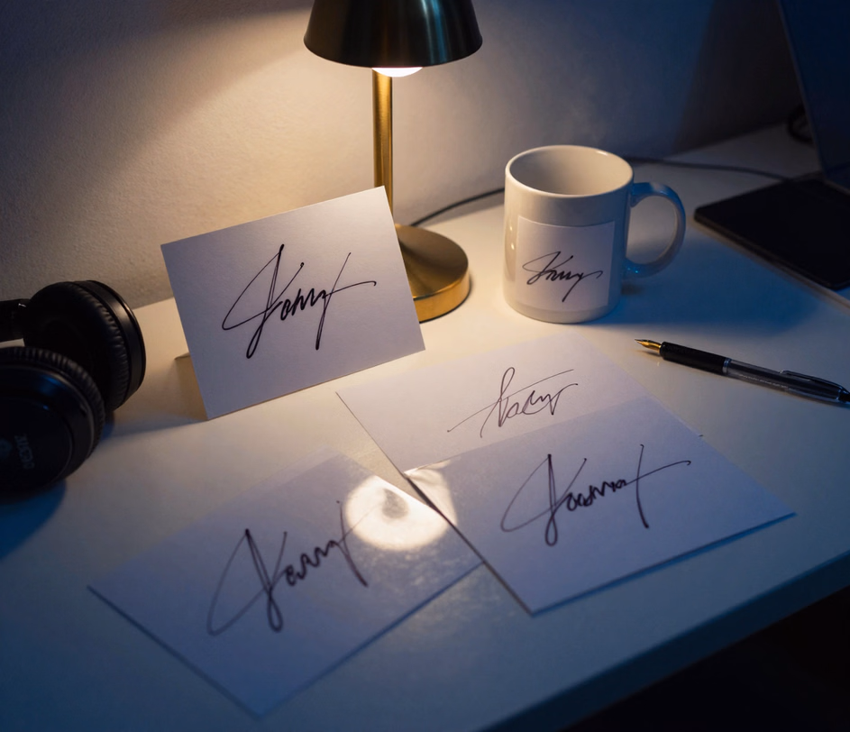 Uma escrivaninha noturna com cartões de vidro de assinatura apoiados contra uma caneca sob uma lâmpada de latão quente, ao lado da página de papel assinada original