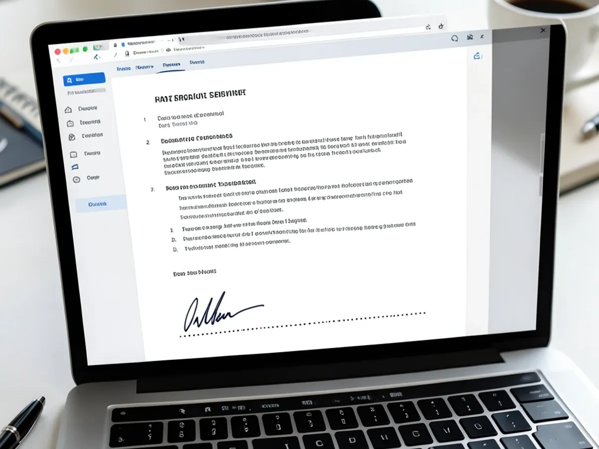Obrazovka notebooku zobrazující obchodní smlouvu v PDF s čistým obrázkem elektronického podpisu umístěným na řádku pro podpis, což eliminuje potřebu tisku a skenování