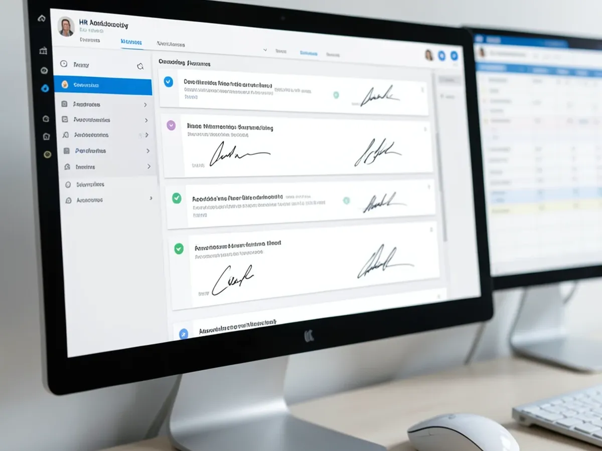 Dashboard HR zobrazující více onboardingových dokumentů s konzistentními obrázky elektronického podpisu aplikovanými na každé autorizační pole, připravené k digitálnímu archivování