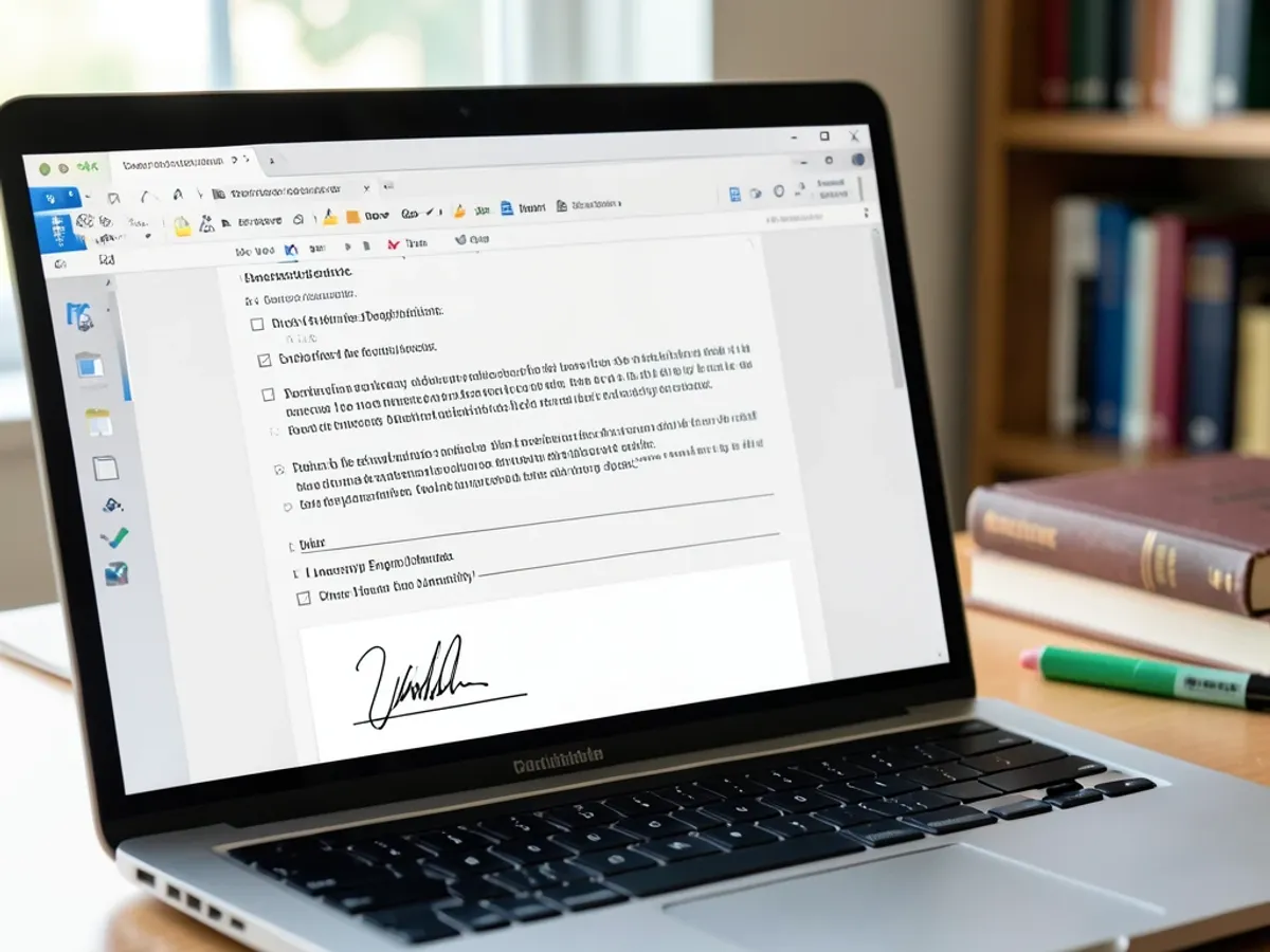Studentský notebook zobrazující akademický formulář v Microsoft Wordu s čistým obrázkem elektronického podpisu vloženým do požadovaného pole pro podpis, připravený k odeslání