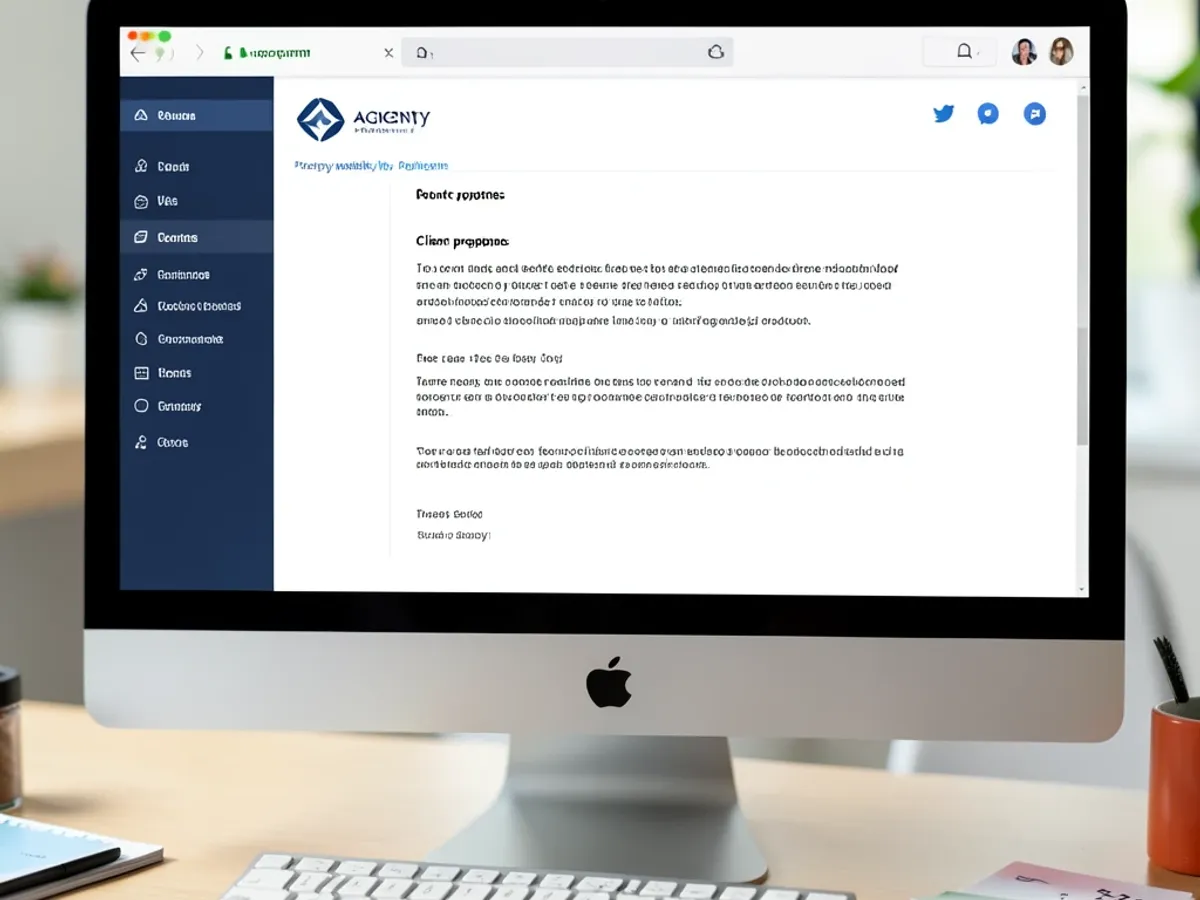 Agency email signature showing a creative professional's contact block with agency logo, portfolio website link, and three social media icons in a compact modern layout