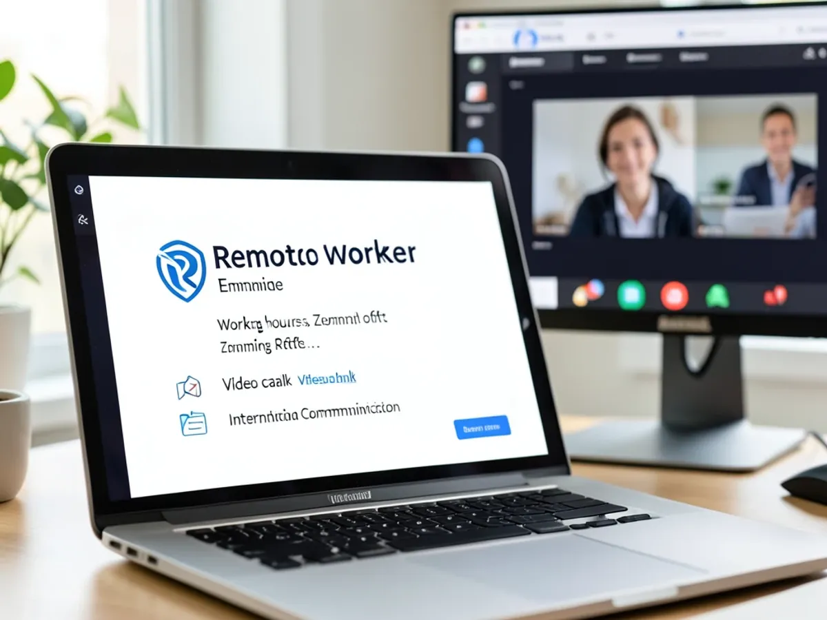 Remote worker email signature displaying name, role, working hours with timezone offset, video call link, and company branding adapted for international communication