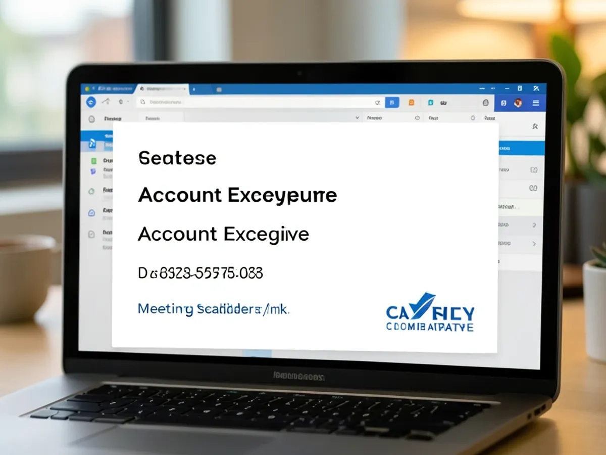 Sales team email signature with name, job title, direct phone number, meeting scheduler link, and company logo displayed in a horizontal layout optimized for quick scanning