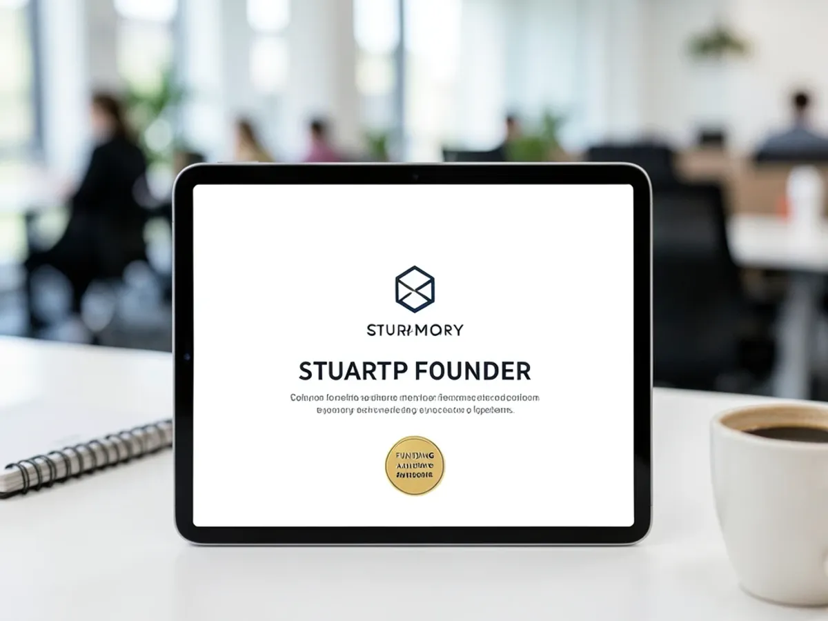 Startup founder email signature with clean typography, company logo, tagline, and funding announcement badge presented in a minimal professional format