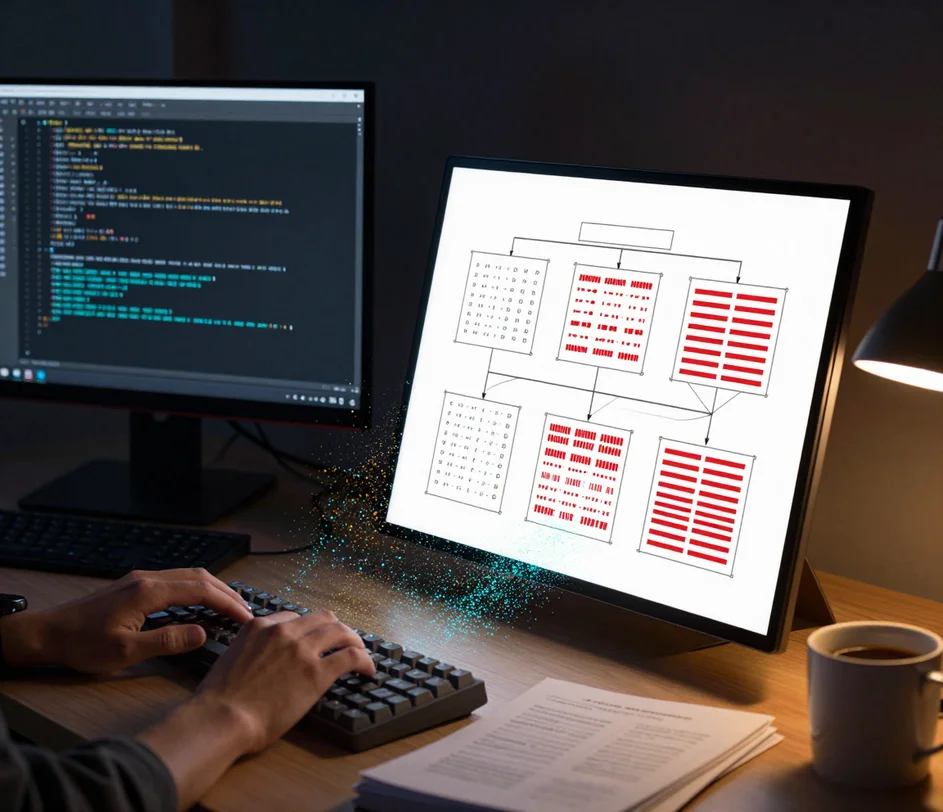 Ένας μηχανικός backend που πληκτρολογεί μια περιγραφή σχήματος σε πληκτρολόγιο με κενά πλήκτρα τη νύχτα, ενώ ένα κυανό ρεύμα σωματιδίων ρέει από τη λάμψη του τερματικού σε μια πλαίσια απεικόνιση διαγράμματος ER με ορθογώνιους πίνακες οντοτήτων, σειρές πεδίων σε λωρίδες απόκρυψης και συνδέσμους crow's foot κάτω από μια ζεστή λάμψη λύχνη γραφείου
