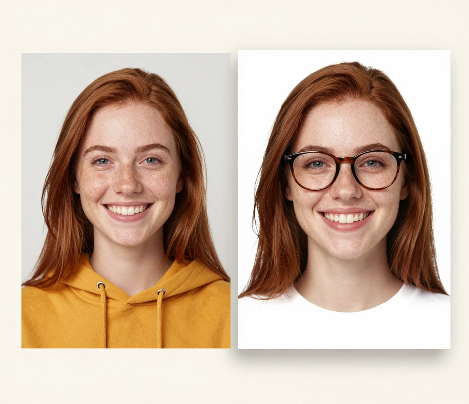 An original portrait photo beside its big head cutout on a clean white background, the face and expression clearly identical in both versions