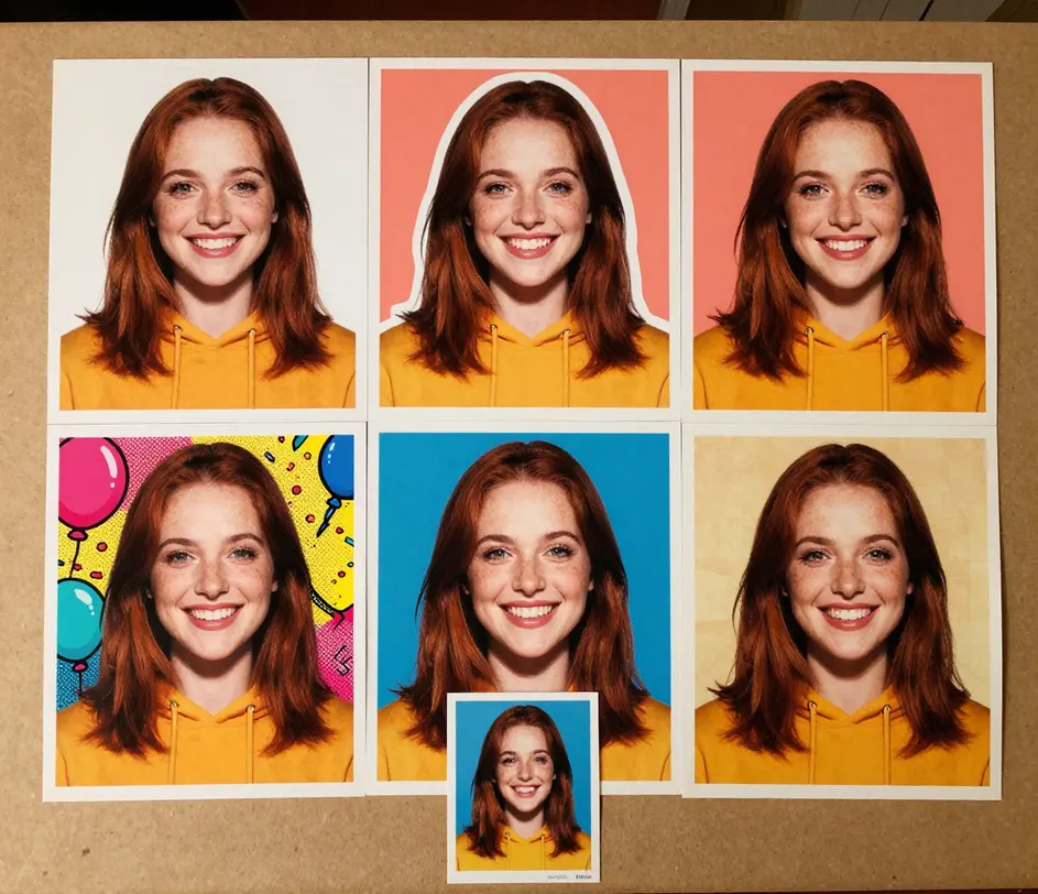 Six printed face cutout cards fanned out above one portrait photo, the same head styled as classic white, sticker, game-day, party, pop-art, and vintage versions