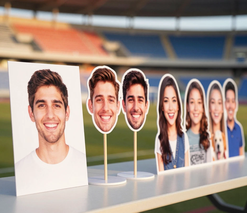 A fan table with one portrait photo, a two-person cutout pair, and a row of five family face cutouts including a dog, showing progression from single to group standees