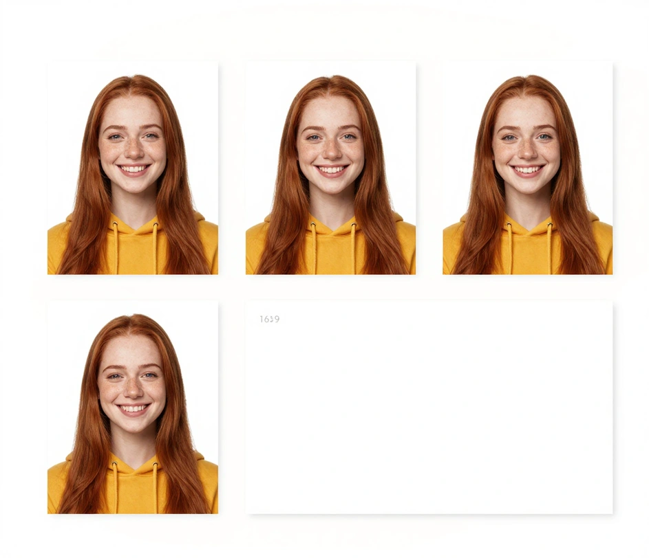 The same big head cutout displayed in six frames from a square standee to a tall paddle and a wide banner strip, the full head intact in every crop