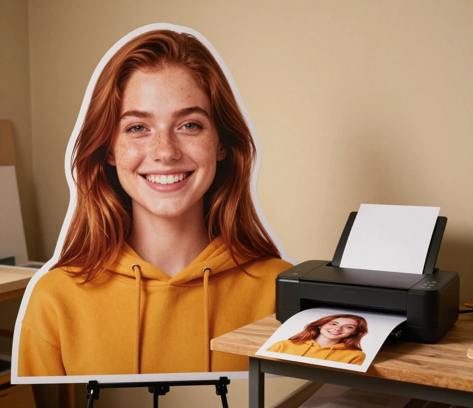 A giant 3K face cutout standee nearly as tall as a person beside a home printer producing a smaller cardstock version, both showing crisp hair edges at full scale