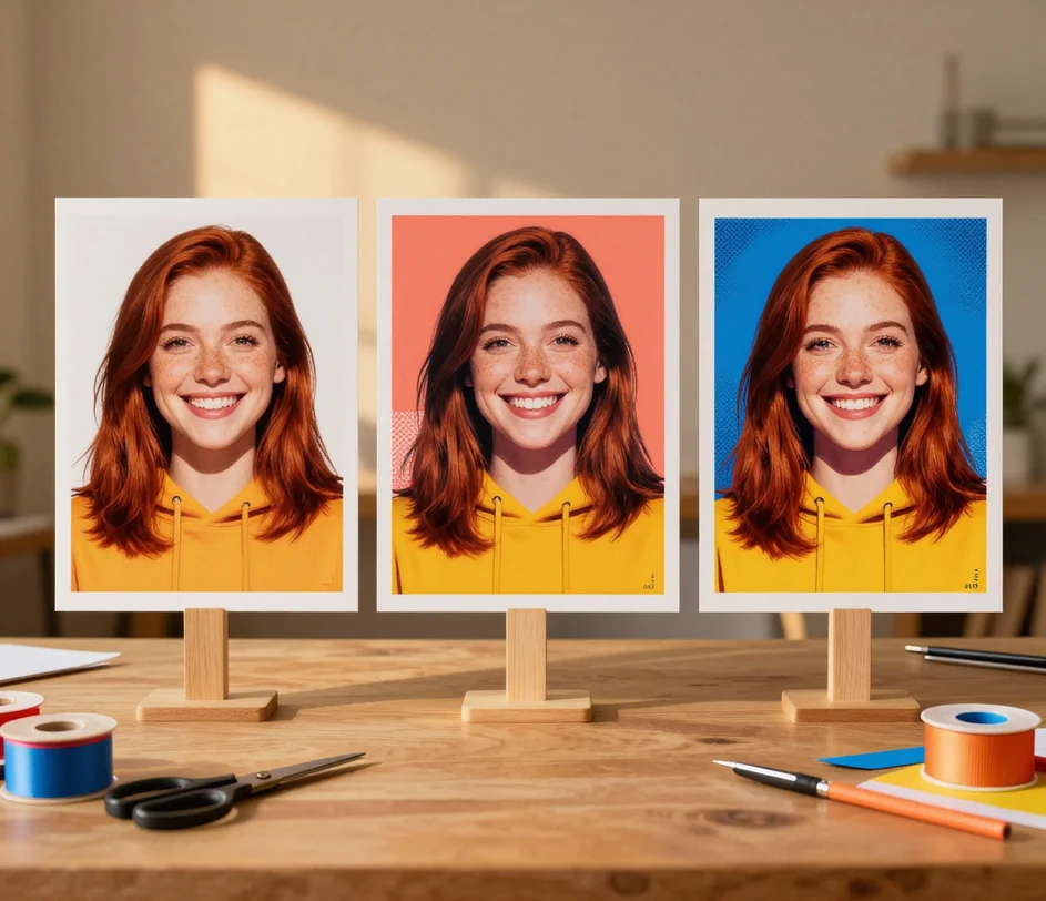 A craft table with one portrait photo feeding three printed big head cutouts in classic white, game-day team colors, and pop-art styles fanned out for comparison