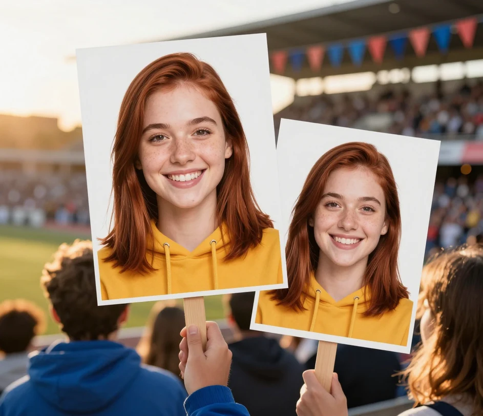 A cheering fan holding a large big head cutout on a wooden stick next to the original portrait photo it was made from, the extracted head printed at poster size with clean crisp edges and a plain white background