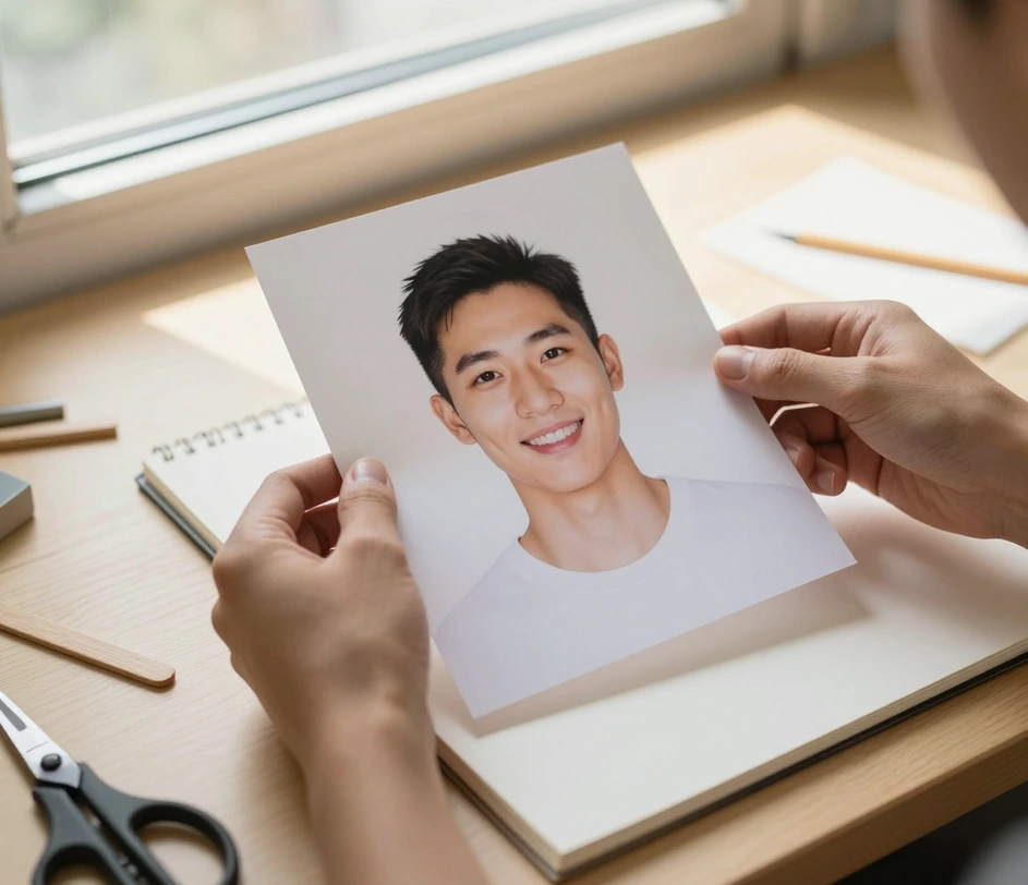 Hands holding a portrait photo over a phone screen showing an upload interface, with a bright desk and scissors waiting beside it