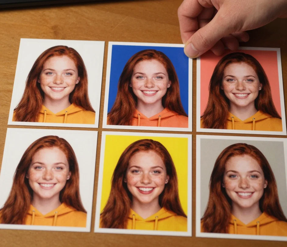Six face cutout style cards spread on a desk with a hand pushing the game-day team color card forward as the chosen style