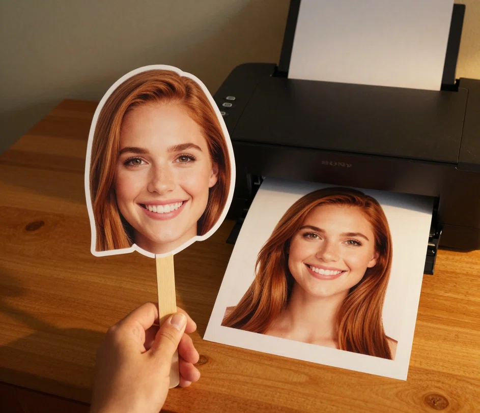A finished big head cutout being held up beside a home printer outputting a cardstock copy, the clean white-background artwork ready to cut