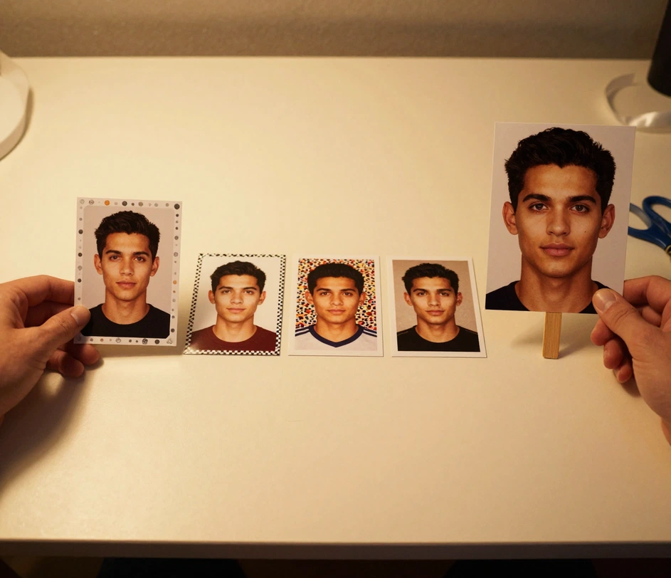 A three-stage desk strip: a hand holding a portrait photo over a phone, six small style cards spread for choosing, and the finished big head cutout held up beside a pair of scissors