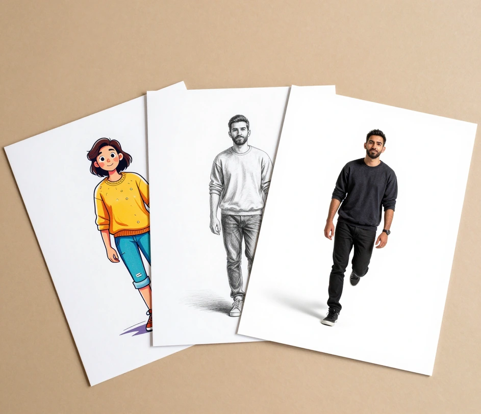 Three tool cards fanned out on a desk — a cartoon-style portrait, a detailed pencil sketch, and a clean background-removed photo — each previewing a different Arui creative tool