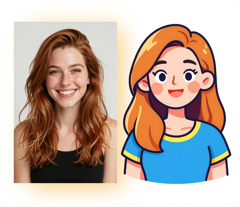 A portrait photo transformed into a colorful cartoon illustration with bold outlines, previewing the AI photo to cartoon tool