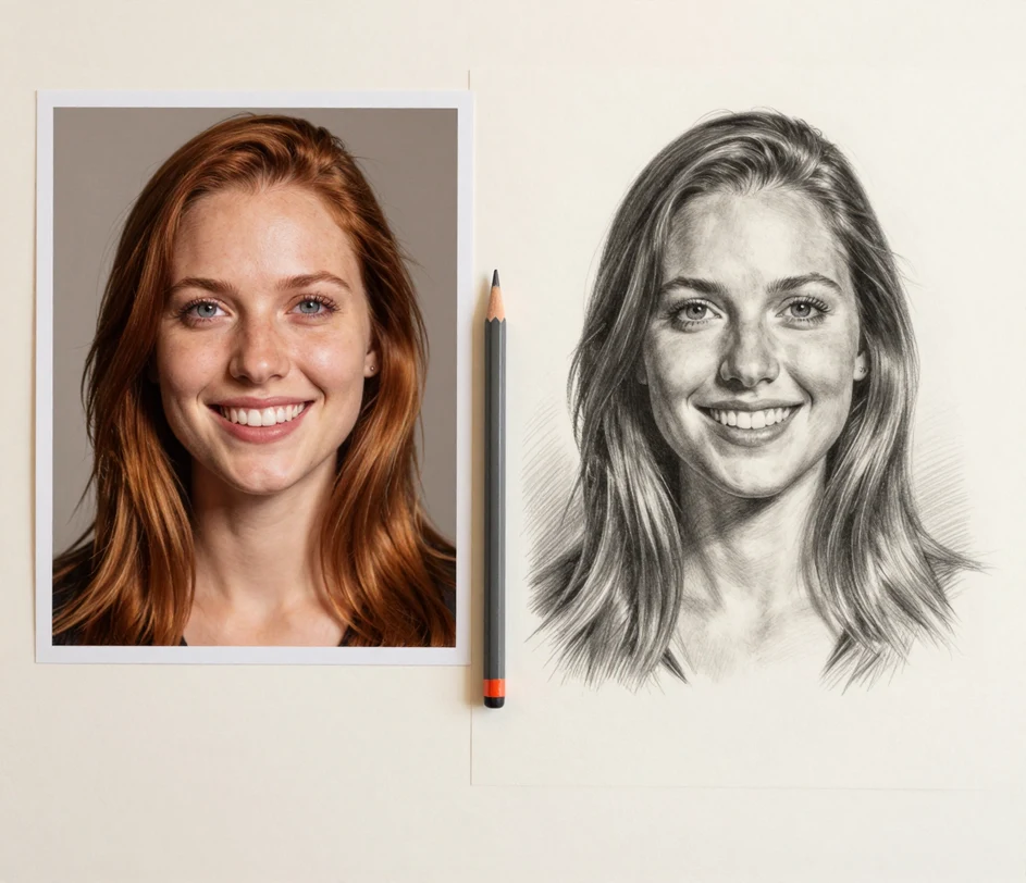 A photo transformed into a detailed pencil sketch with realistic shading, previewing the AI sketch generator tool