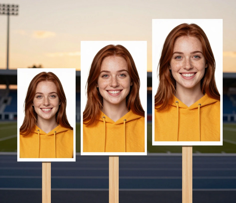 Three big head cutouts of the same smiling woman arranged side by side, progressing from a fast clean basic cutout to a detail-rich version with refined hair edges to a polished studio-grade 3K standee print