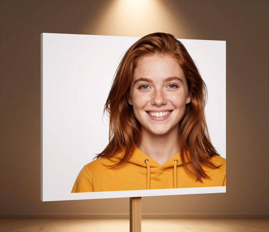 A polished studio-grade 3K big head cutout mounted on a wooden stick with lifelike skin texture and crisp flyaway hair strands ready for large-format printing