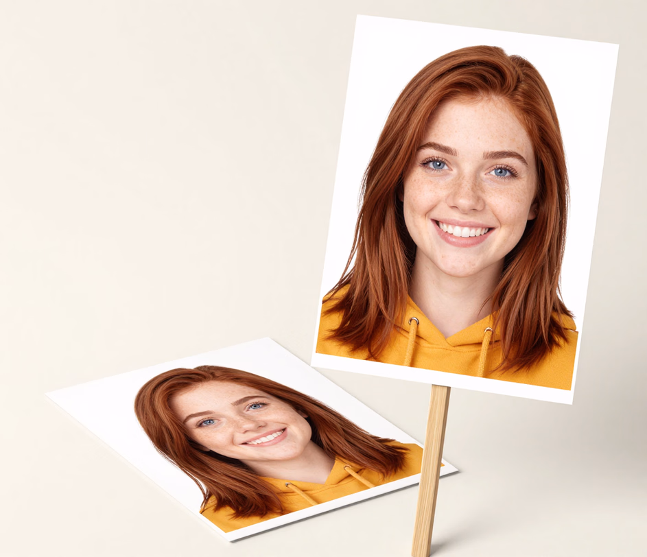 A detail-rich big head cutout of a smiling young man beside the original portrait photo, showing refined hair edges and sharper facial detail at 2K resolution