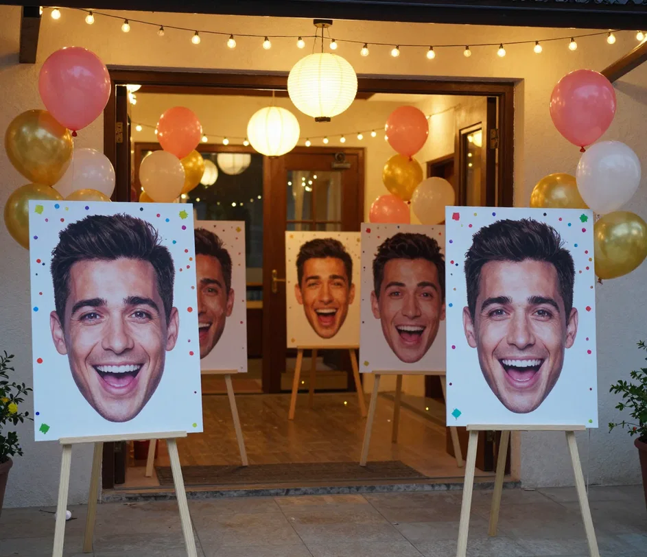 A birthday party entrance decorated with several large face cutouts of the same guest of honor framed by colorful confetti, balloons, and party decorations