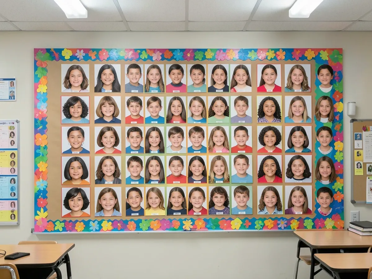 学校公告板上装饰着 25 个单独的学生人脸抠图，排列成网格状，每张都从班级合影中提取，边缘干净