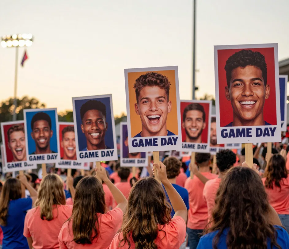 A row of cheering fans in a stadium student section holding large big head cutouts on sticks in team colors, each face clearly printed with bold poster styling