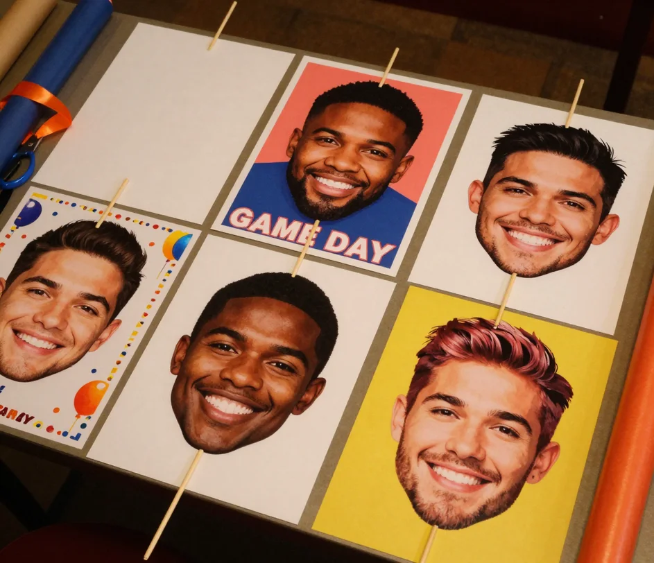 A party planning table with four large printed big head cutouts on wooden sticks — a classic white one, a team-color game-day one, a confetti party one, and a pop-art one — laid out with scissors and ribbon