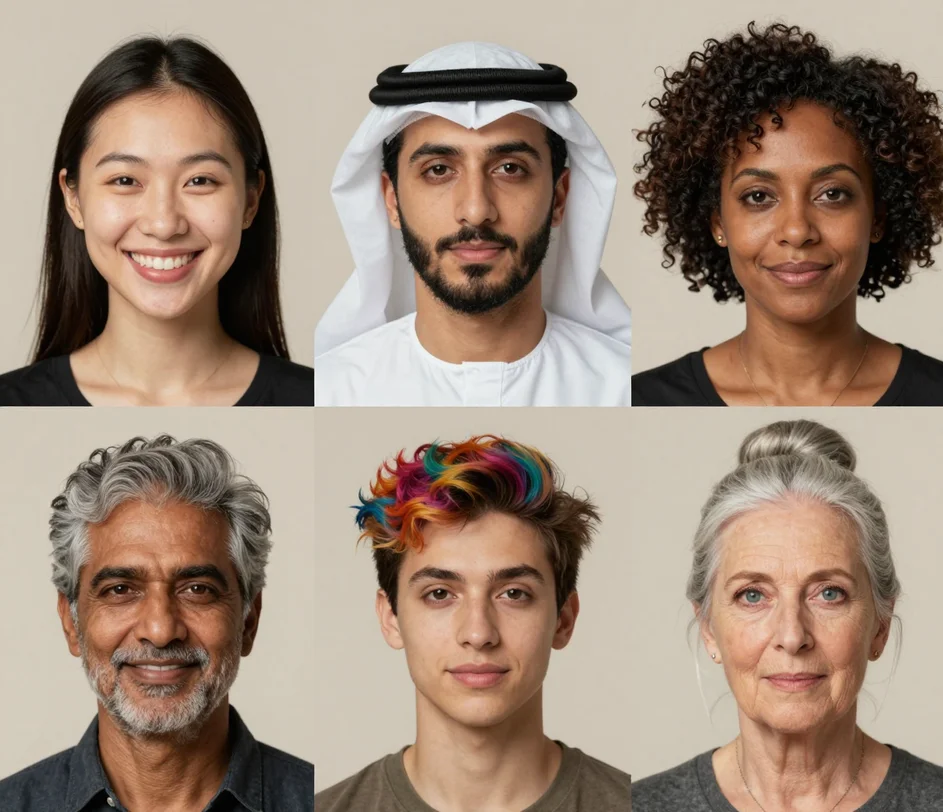 ست صور شخصية افتراضية في شبكة من صفين — أعمار وأجناس وأعراق مختلفة من العشرينيات إلى الستينيات — كلها مرسومة بنفس الجودة تحت نفس إضاءة الاستوديو الدافئة