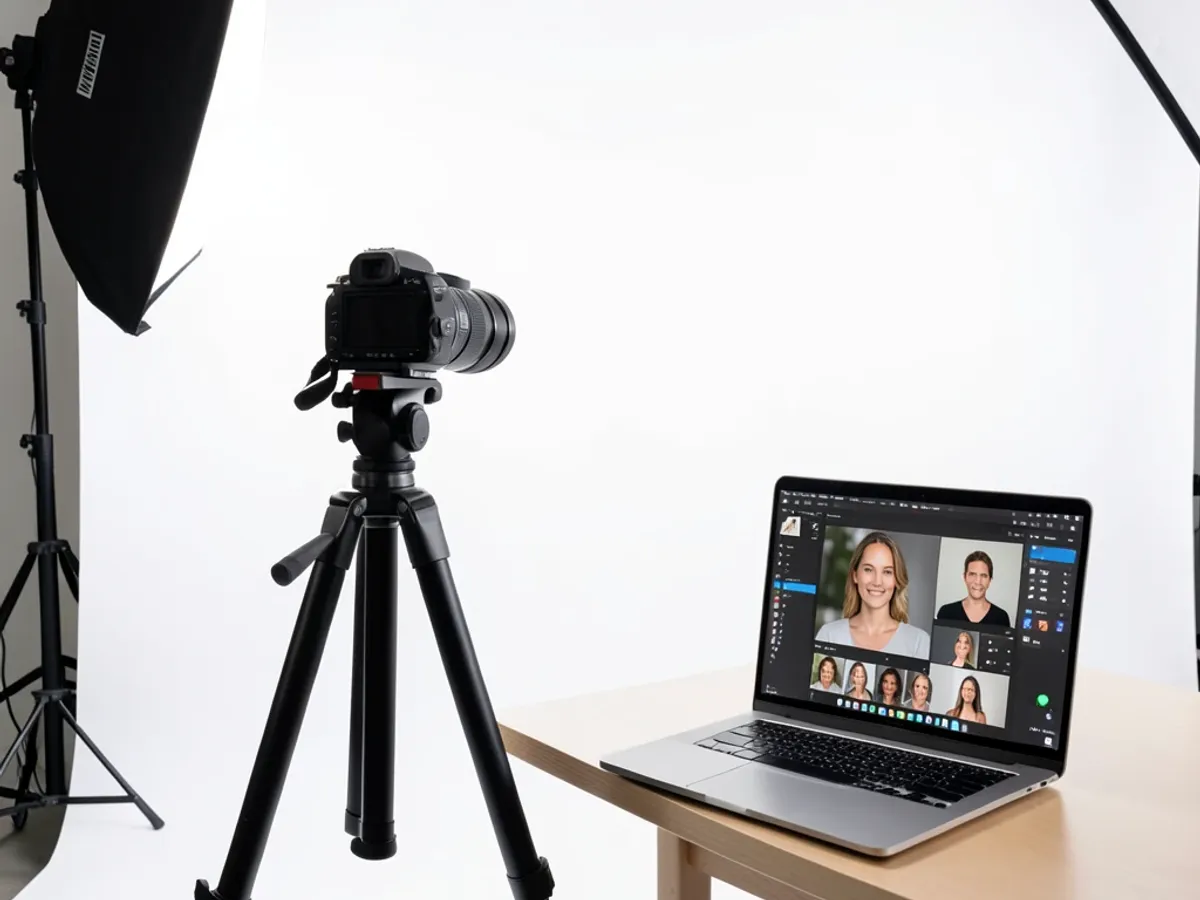 A before-and-after comparison showing a casual selfie transformed into a professional headshot with studio lighting