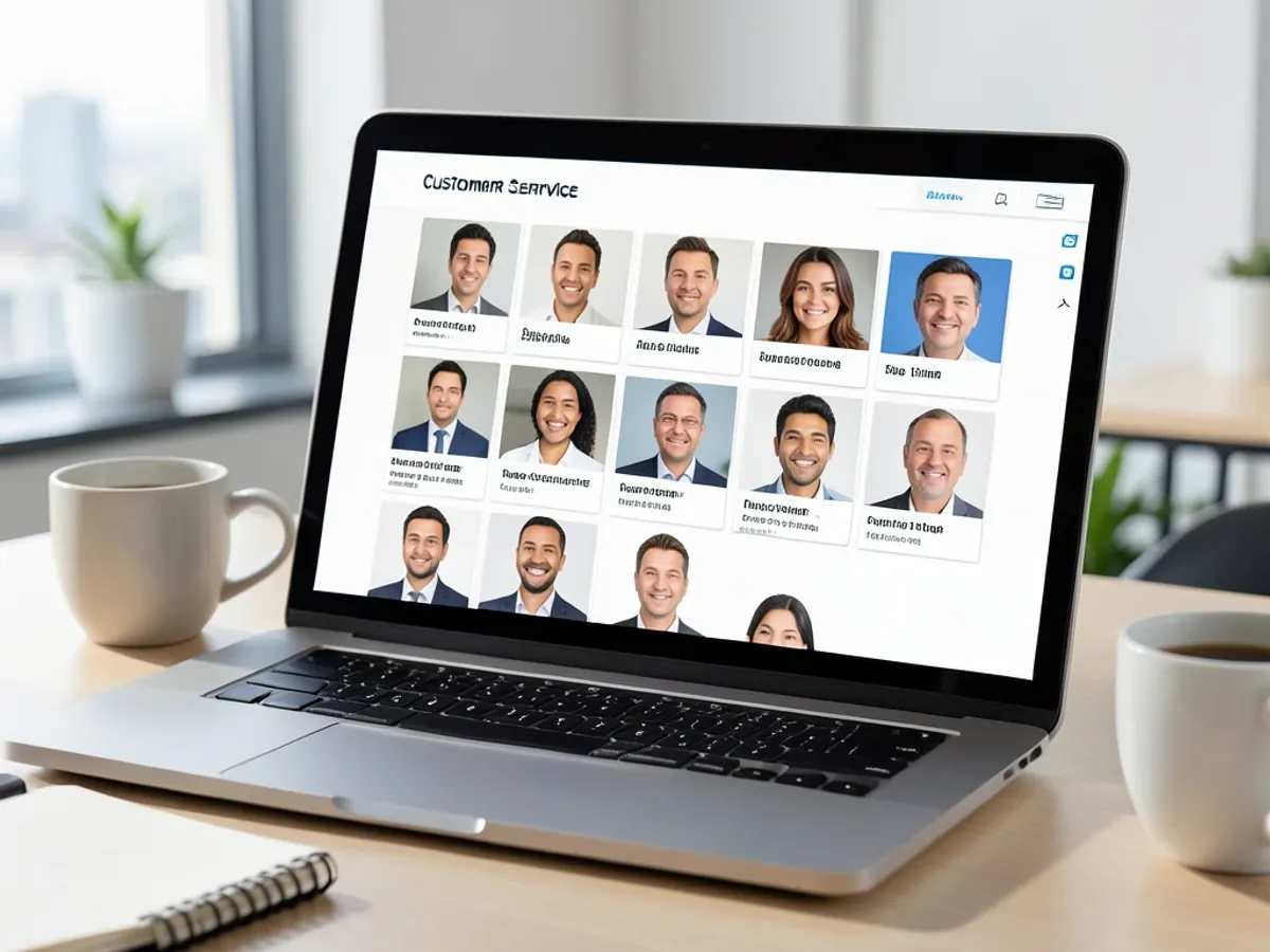 An e-learning course module displaying AI-generated faces in a customer service training scenario with natural lighting and varied expressions