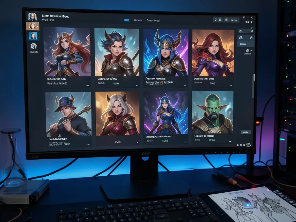 A game character selection screen with AI-generated face portraits displaying different fantasy character archetypes and expressions